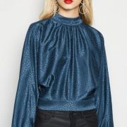 Navy Jacquard Spot Satin Ruffle Back