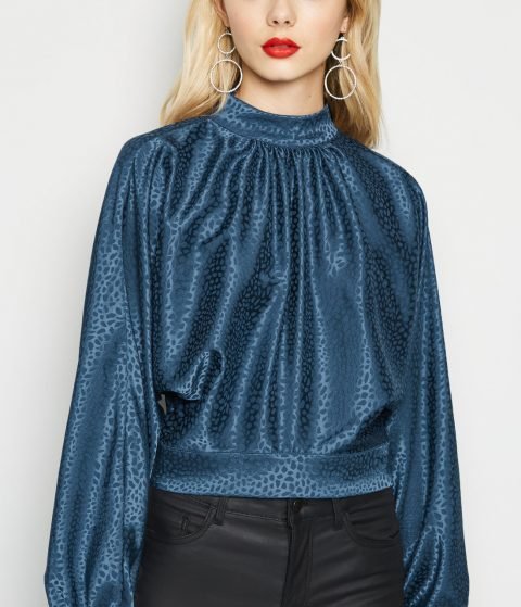 Navy Jacquard Spot Satin Ruffle Back