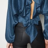 Navy Jacquard Spot Satin Ruffle Back
