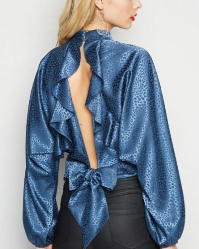 Navy Jacquard Spot Satin Ruffle Back