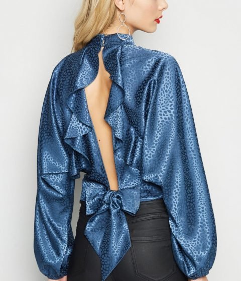 Navy Jacquard Spot Satin Ruffle Back
